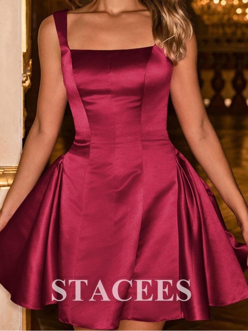Stacees Burgundy Satin Square-Neck Mini Dress